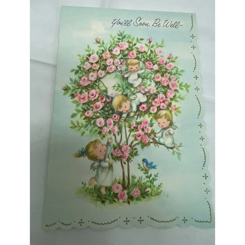 Vintage 60's Little angel in tree bluebird embossed Get Well greeting card *J11